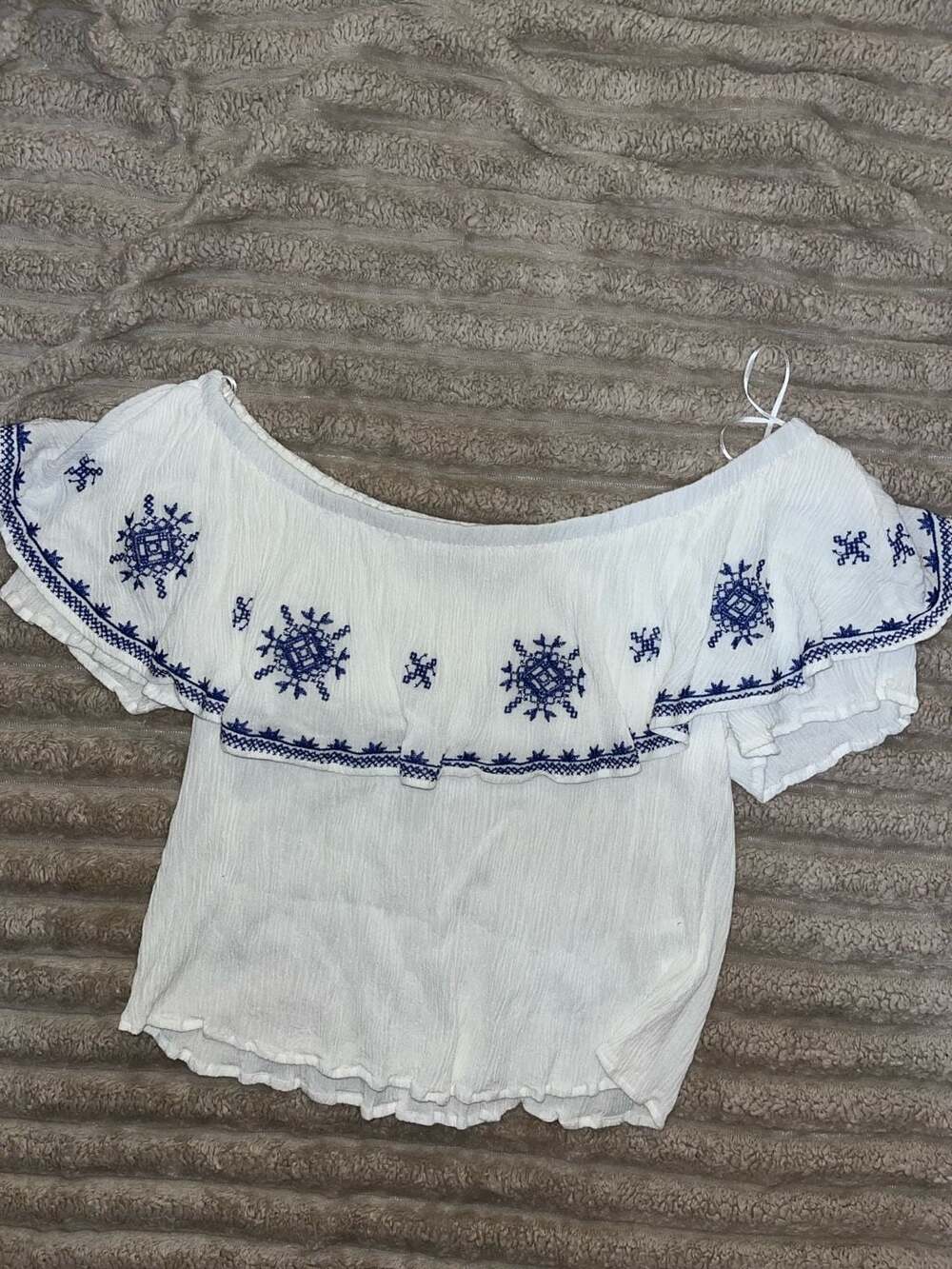 Black Swan Women's Off-the-Shoulder White Blouse with Blue Embroidery